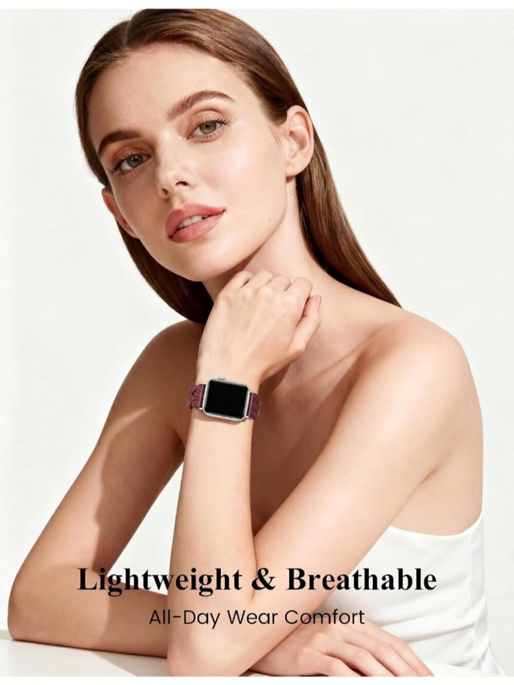 Women's Burgundy/Silver Braided Leather Strap Compatible with Apple Wrist Watch - Picture 7 of 7